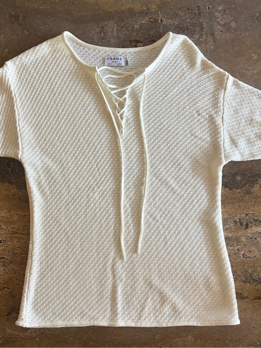 Frame Denim Cream Lace-Up Short Sleeve Knit Top
